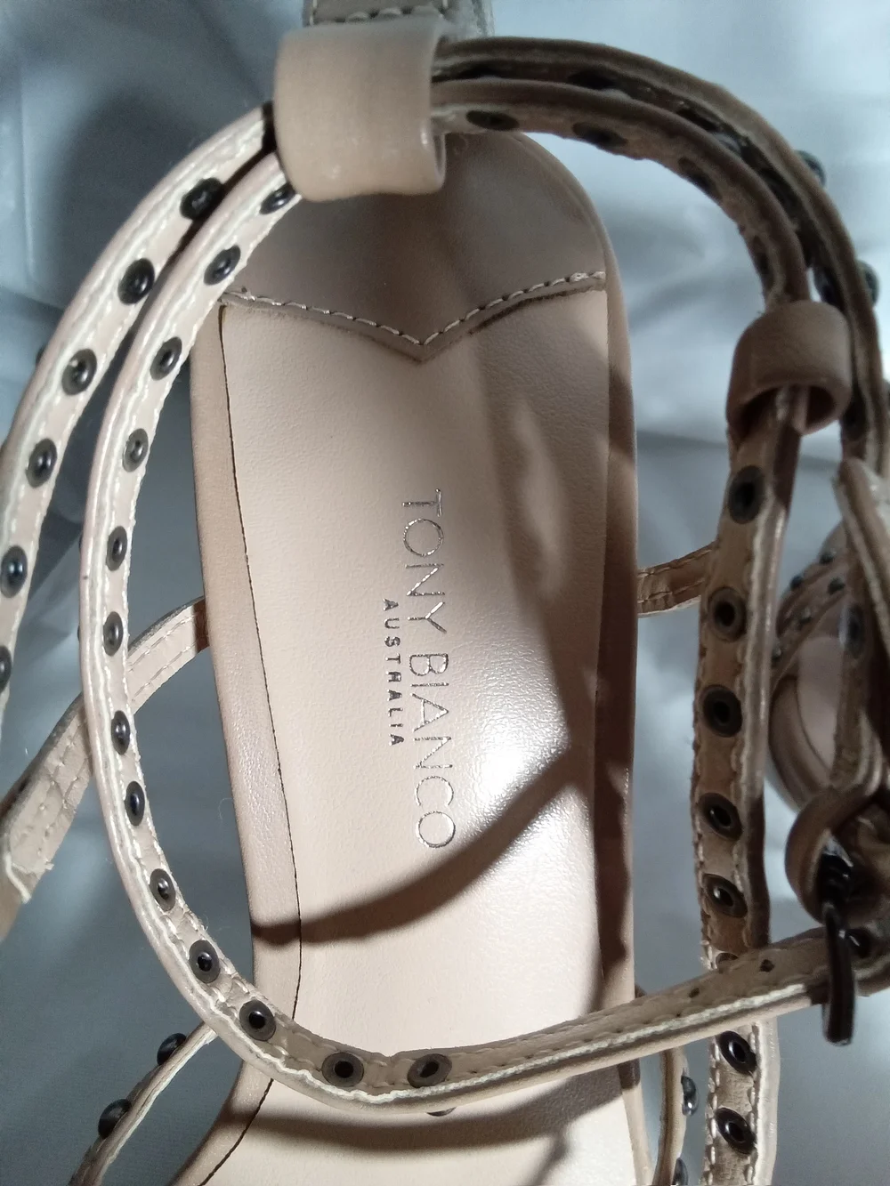 Tony Bianco Studded Nude Strappy Block Heel Sandals 7